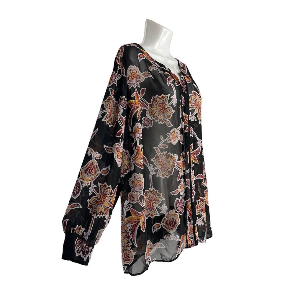 Liz Claiborne 2X Blouse Black Long Sleeve Floral Sheer Tunic Top Career Boho - Picture 2 of 8